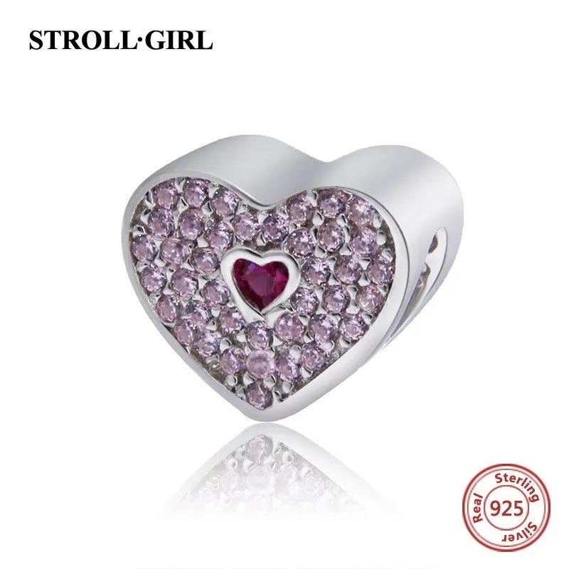 

StrollGirl pink love heart charms beads with clear CZ 925 silver jewelry fit personalized original European bracelet for gifts