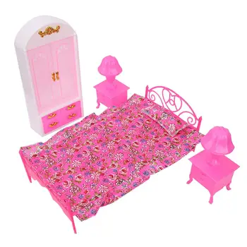 

4 Pcs Doll House Accessories Bedroom Furniture Pretend Play Bedroom Set For Doll Mini Bed Desk Lamp Wardrobe Toy Kid Lovely Gift