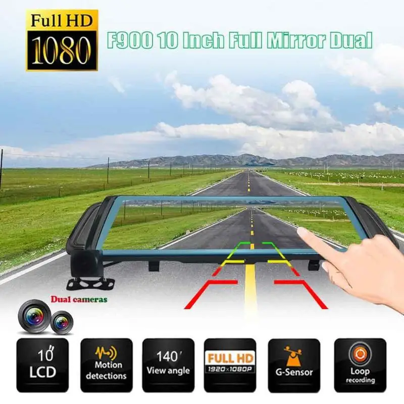 

VODOOL F900 10 Inch Full Mirror Dual Lens FHD 1080P Car Rearview Mirror Dash Camera Automobiles Drive Recorder Car DVR Camera