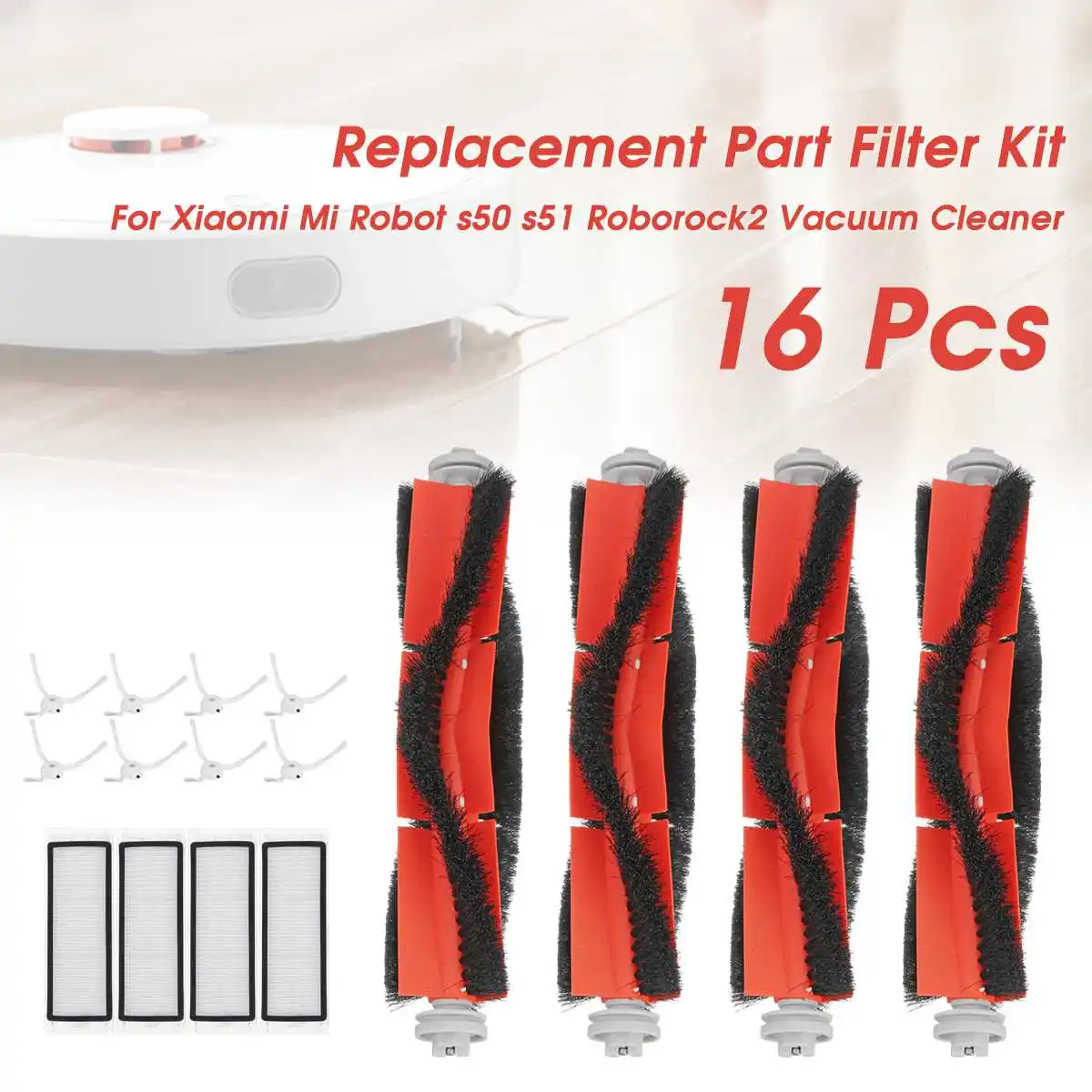 

16Pcs Vacuum Cleaner Replacement Part Filter Kit 4xMain Brush 4xHEPA Filter 8xSide Brush For Xiaomi Mi Robot s50 s51 Roborock 2