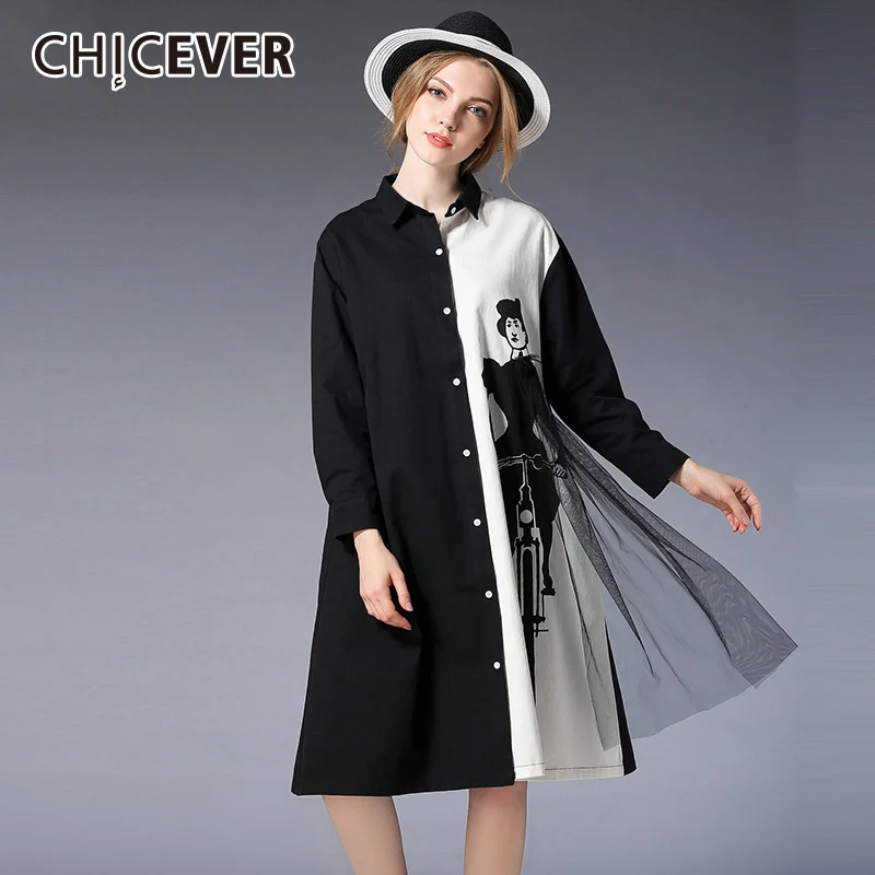 CHICEVER Print Long Feminine Blouse Lapel Batwing Sleeve Loose Women's Shirt Mesh Patchwork Vintage Clothes Top 2018 Spring New