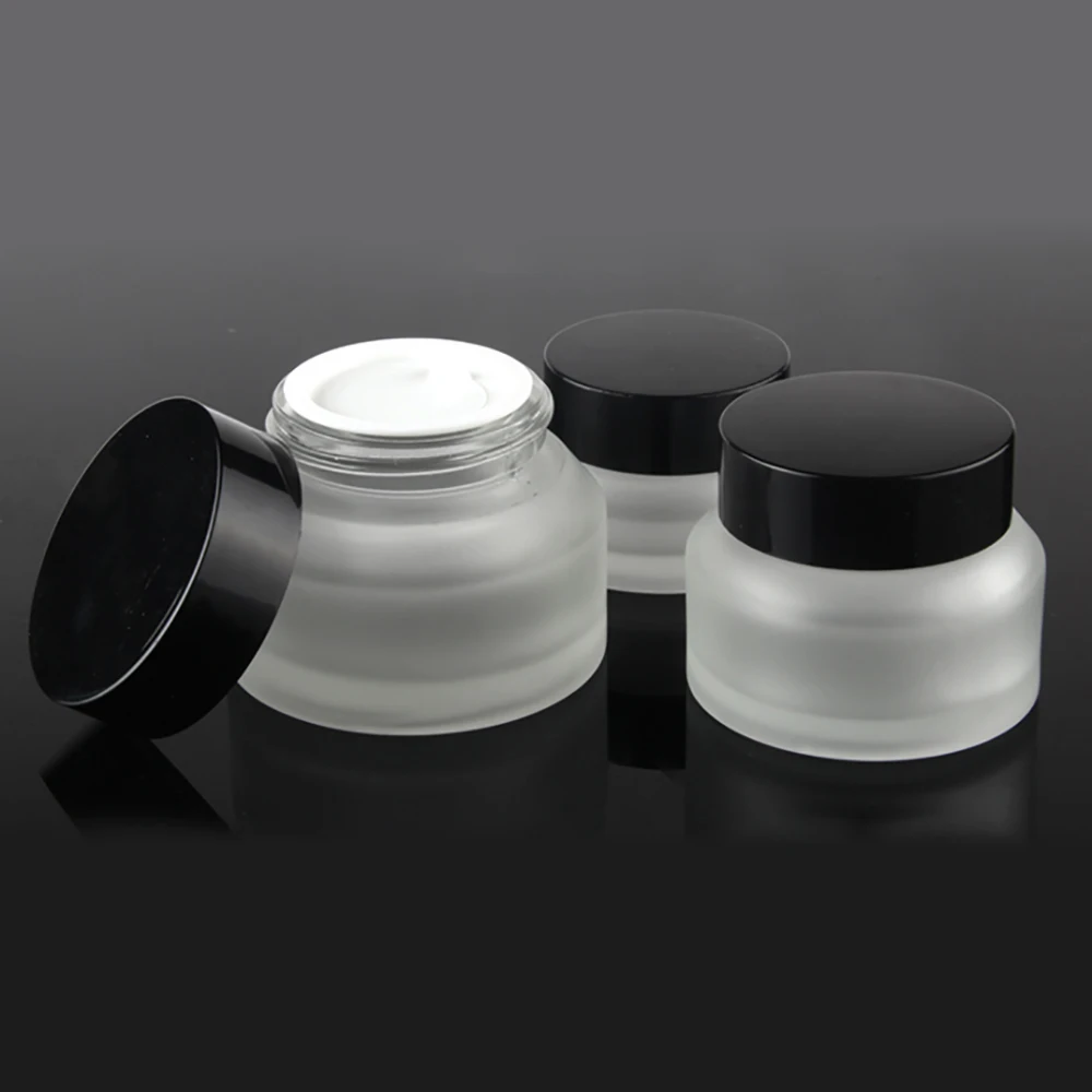 

Glass Frosted Facial Cream Jar Empty Cosmetic 50ml Container Emulsion Refillable Pot Black Lid