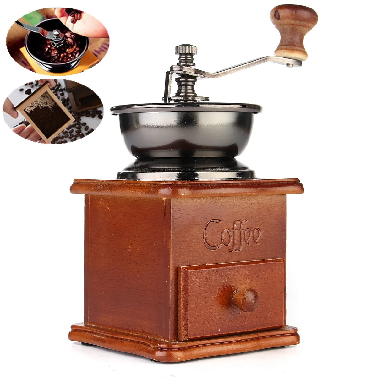 

Retro Stainless Multifunction Manual Coffee Bean Grinder Wooden Nut Mill Hand Grinding Tool