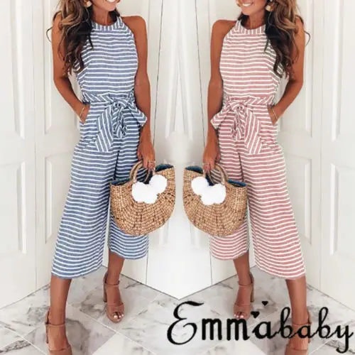 

New Women Clubwear Summer Bodycon Party Jumpsuit Romper Ladies Summer Sleeveless Striped Bandage O-neck Jumpsuits Clothing