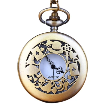 

Fashion large bronze thin chain hollow woman hat poker pocket watch