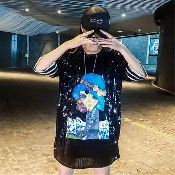 

#4244 3d Cartoon Girls Black Sequins Long T Shirt Women With Short Sleeve Loose Hip Hop Shiny Sequins Long Shinny Punk Rock