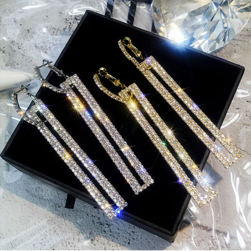 

Fashion Long Geometric Drop Earrings Luxury Gold Silver Color Rectangle Rhinestone Earring for Women Party Jewelry Gift