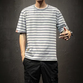 

2019 Summer Japanese Style Men's Fashion Trend Cotton Clothes Stripe Printing Round Neck Short Sleeve Loose T-shirts M-5XL