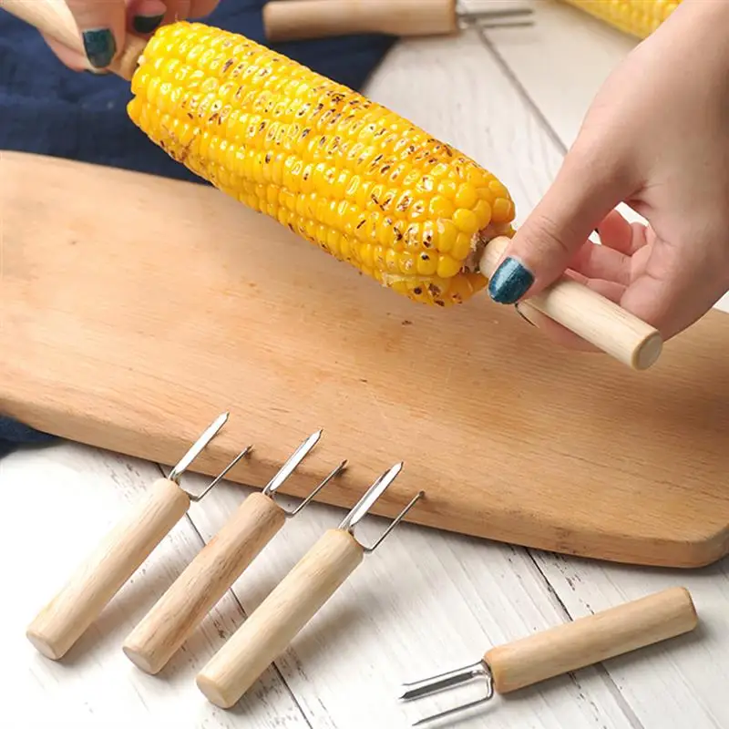 8pcs 16pcs Corn Holders Fork Multi-function Barbecue Corn Tools Wooden Handle 304 Stainless Steel Fork BBQ Barbecue Supplies