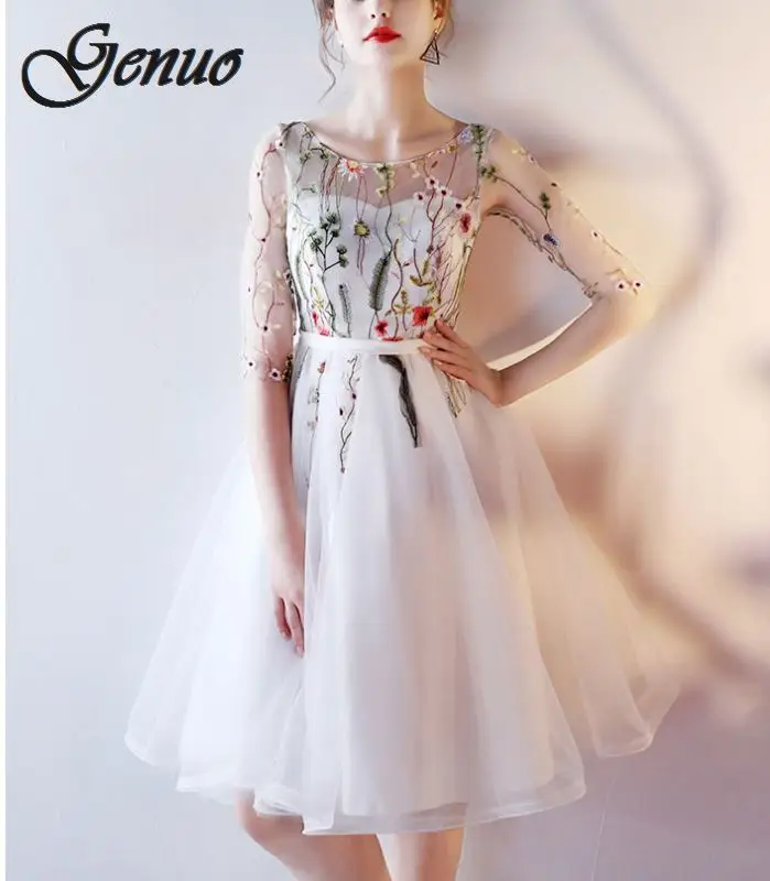 

Genuo Women Ivory Short Dresses 2019 Sexy Black Sunmer Dress Scoop Tulle Embroidery Lace Up Party Gown