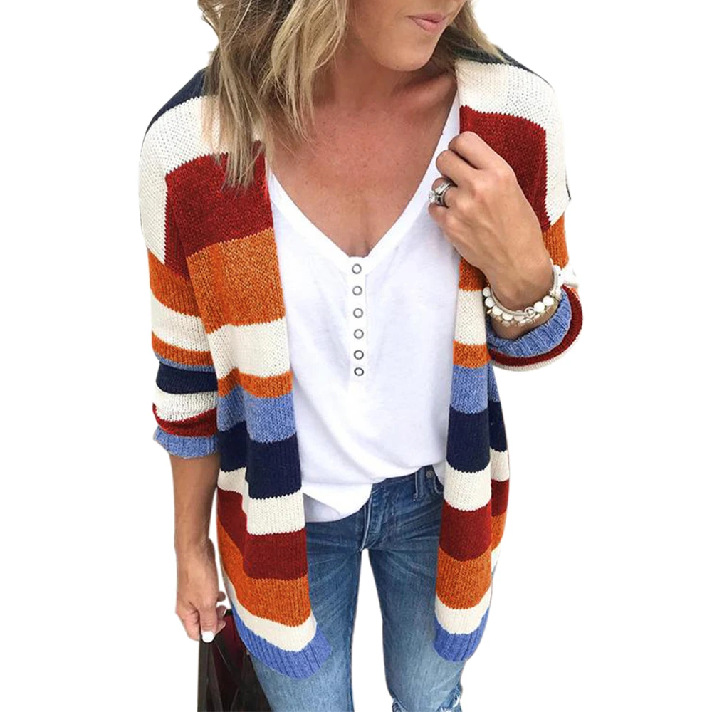 

Autumn Winter Color Stripe Stitching Color Cardigan Knitted Sweater Coat For Women Casual Fashion Ladies Blouses Loose Large S