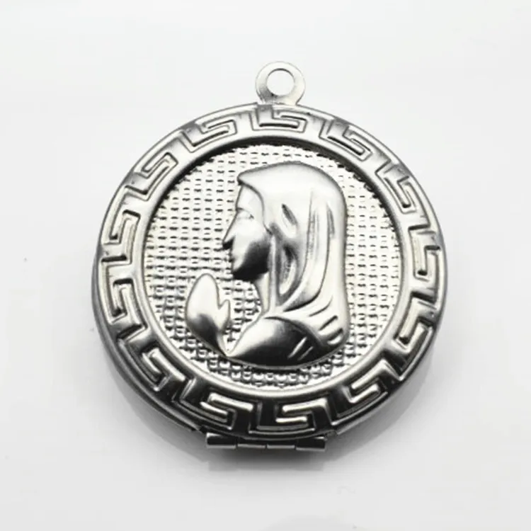 

Stainless Steel Virgin Mary In Round Locket 35x31mm Openable Picture/photo Box Necklace Memory Gift Wholesale 10pcs