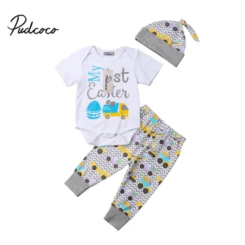 

pudcoco 2019 Baby Girl Boy Letter Print First Easter Festival Clothes Newborn For Female Outfit Infant Clothing Set 3PCS