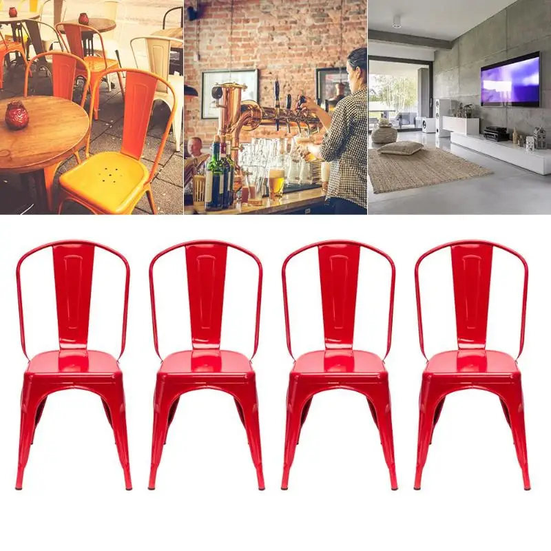 

Portable 4pcs Steel Backrest Chairs Home Garden Lounge Furniture Kit for Cafe Gatherings Dining Stool Red Black