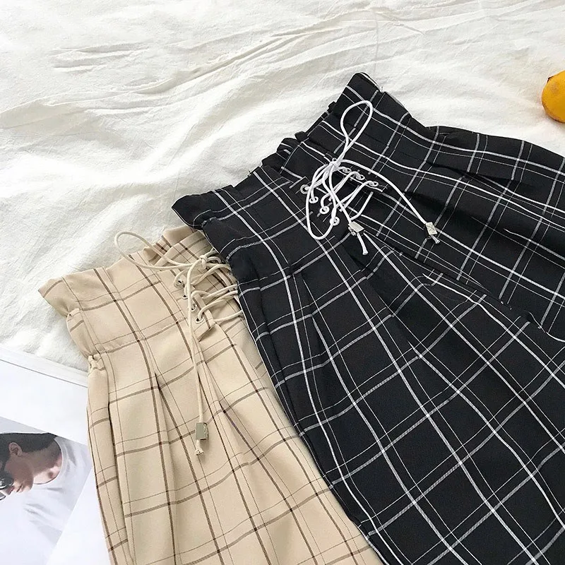 Japanese Harajuku Plaid Casual Pants Women 2019 Fashion Lace Up High Waist Loose Harem Pants Japanese Harajuku Plaid Casual Pants Women 2019 Fashion Lace Up High Waist Loose Harem Pants