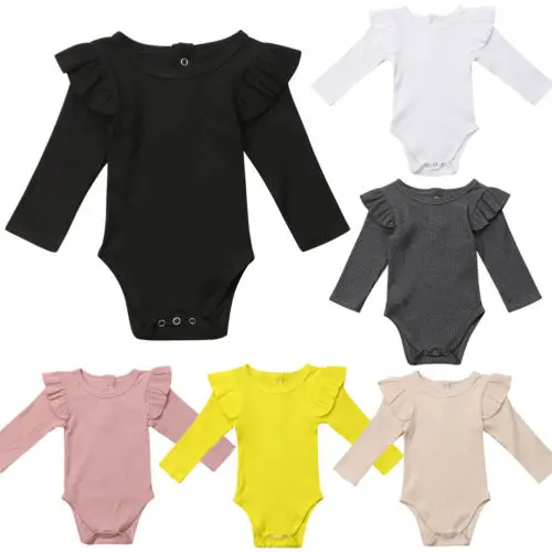 

Newborn Infant Baby Girls Spring And Autumn Long Sleeve Cotton Clothes Pure Color Ruffle Bodysuit Fashionable Casual Outfits