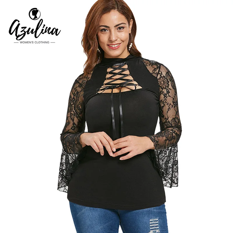 

AZULINA Plus Size Lace Insert Cut Out T-Shirt Women High Collar Lace Up Long Bell Sleeve T Shirt 2018 Fashion Big Size Clothing