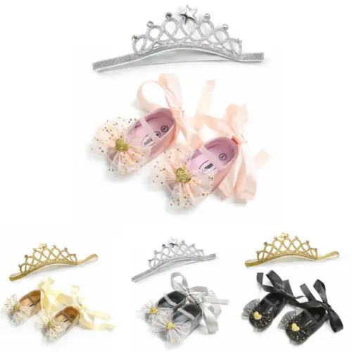 

Toddler Crib Shoe Princess Baby Girl Canvas Bowknot Sequins Crib Shoes+Headband Princess Baby Girl First Shoes