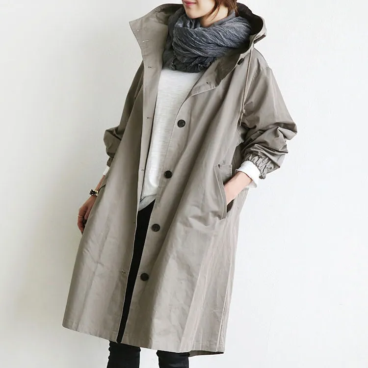 Демисезонный тонкий пальто с капюшоном для женщин средней длины Элегантная ветровка Женский кнопки пакеты Свободные Тренч