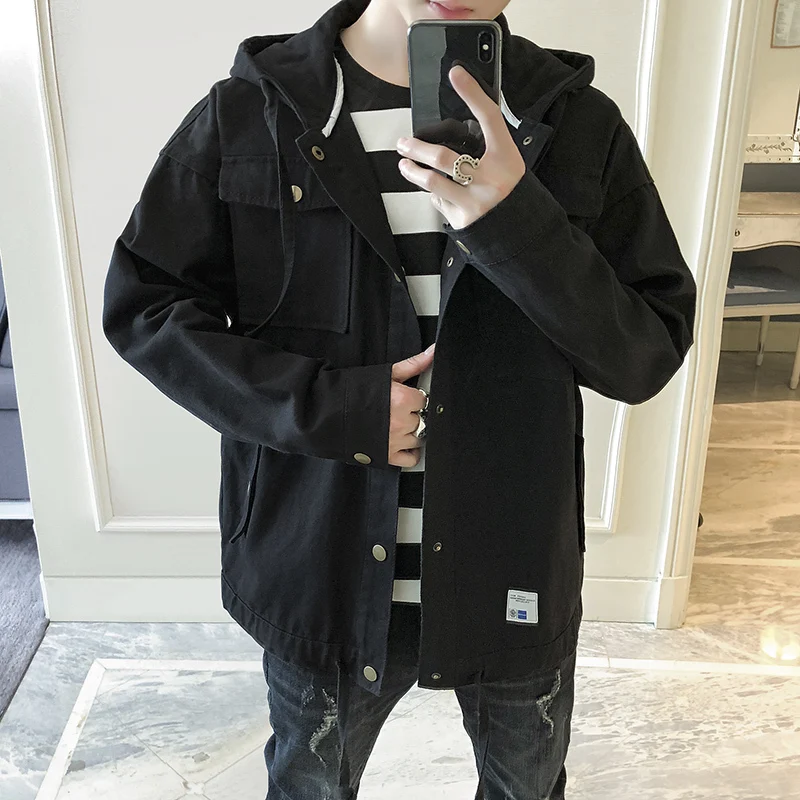 Autumn And Winter New Denim Jacket Men Fashion Solid Color Casual Hooded Denim Jacket Man Streetwear Hip Hop Loose Bomber Jacket