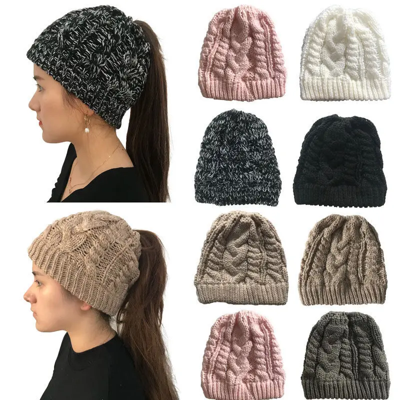 

Women's Girl Stretch Knit Hat Messy Bun Ponytail Beanie Holey Warm Hats Winter