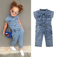 Fashion Kids Baby Girls Clothes Pocket Denim Romper Overalls Jumpsuit Jeans Pants Trousers Trendy Girls Blue Trousers 1-7Y