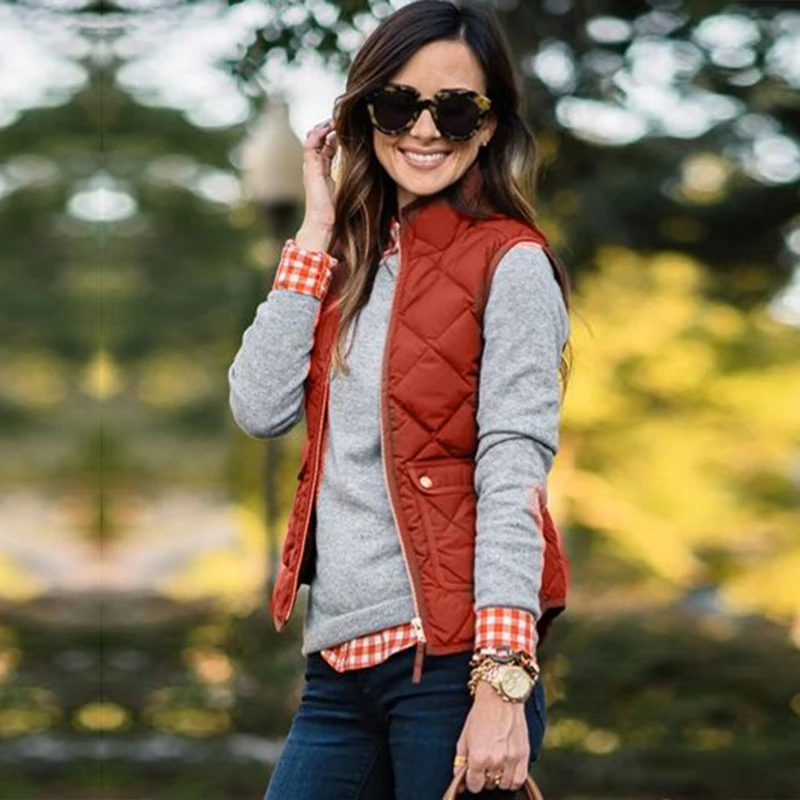 2018 Winter Women Sleeveless Quilted Jacket Waistcoat Vest Stand Collar Zip Up Pockets Gilet Overcoat Outwear Female Warm Coat