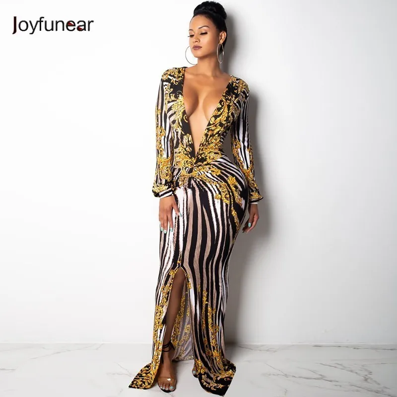 

Joyfunear Print Winter Dress Elegant Sexy Bodycon Dresses Women Robe Split Deep V-neck Maxi Long Party Dress Vestidos De Fiesta