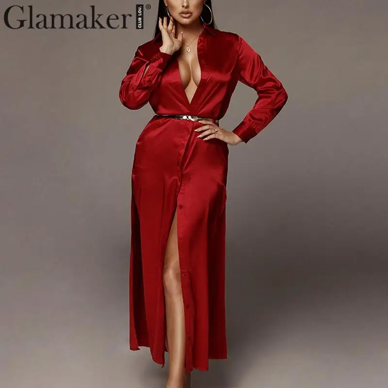 

Glamaker Satin high split blouse dress Women bodycon vintage maxi dress Summer slim long sleeve party club elegant sexy dress