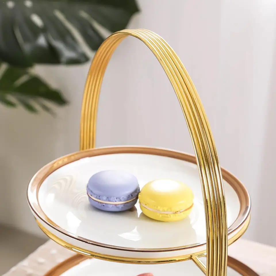 Double-Layered Fruit Basket Tea Coffee Shop Hotel Storage Rack Holder for Fruit Candy Dessert Cupcake Vintage Metal Fruit Plate Stand Draining Display Holder with Handle