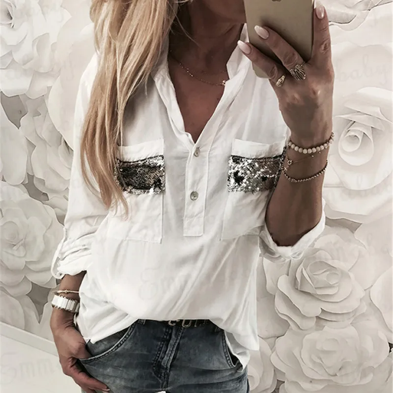 

2019 New Spring Summer Women White Blouse Long Sleeve Button-Down Low Cut Blouse Casual Sequin Pocket Shirt Tops Fashion Clothes
