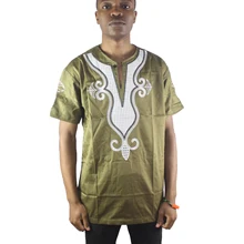 Africa Gold Lucky Lotus Embroidered Men`s Ethnic Tops Side Slit Short Sleeved Male`s Henley Shirts for Summer Wearing embroidered high low slit side blouse
