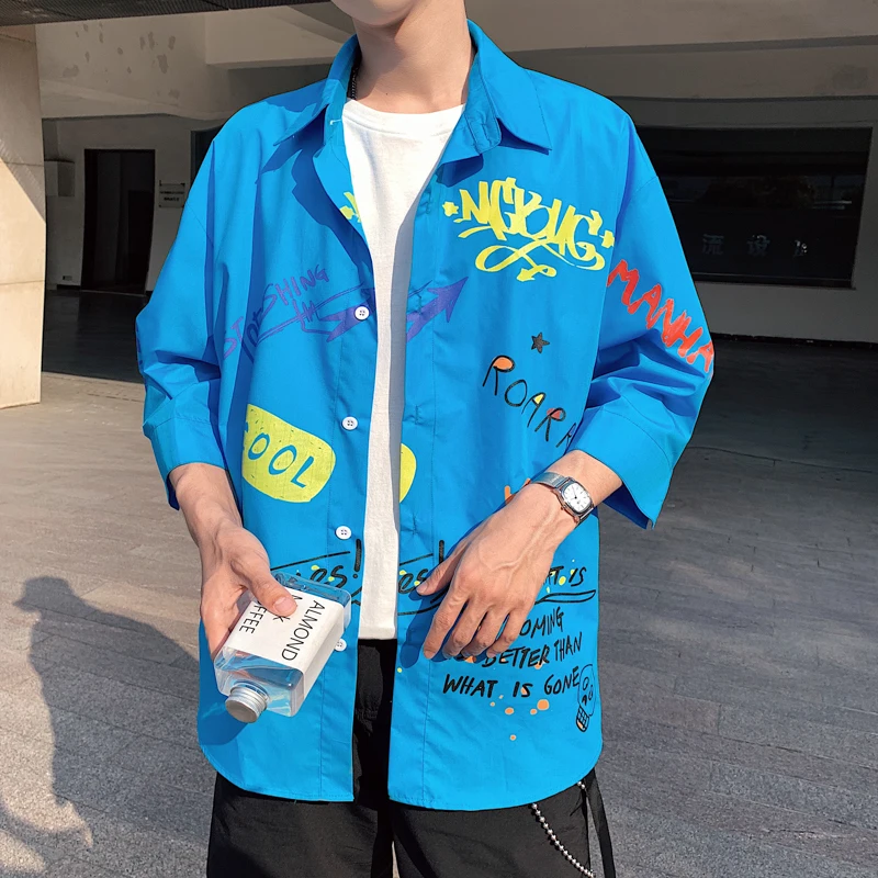 

2019 Summer Printing Seven Part Sleeve Shirt Blue High-end casual Fashion Print Shirts Plus Size Top