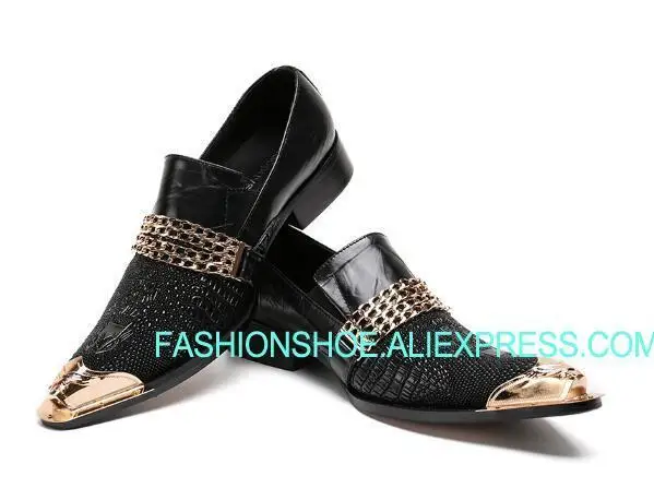 

Gold Metal toe Slip on Wedding Party Shoes Genuine leather Man Dress Oxfords