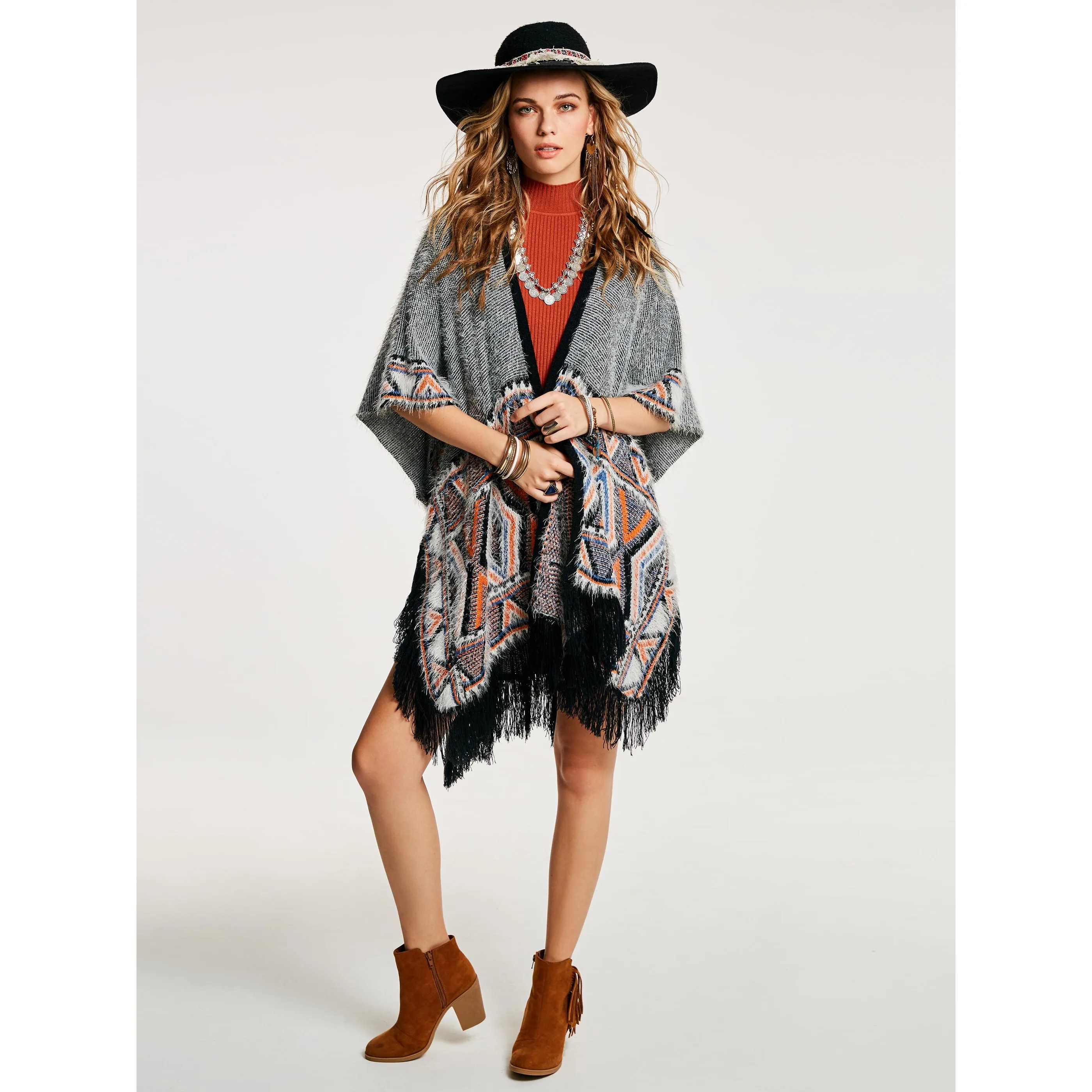 

Women Cape Casual Boho Vintage Travel Wrapped Geometric Color Block Ethnic Style Female Winter Warm Orange Coats Tassel Cape