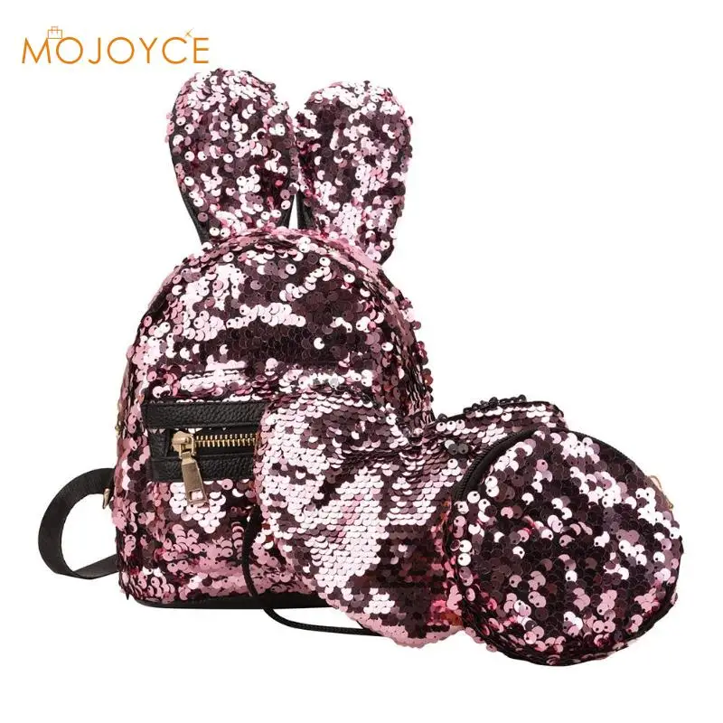 

3pcs/set Mini Shining Sequins School Backpack Women Rabbit Ears Rucksack Back Bags for Girls Travel Shoulder Bags Dropshipping