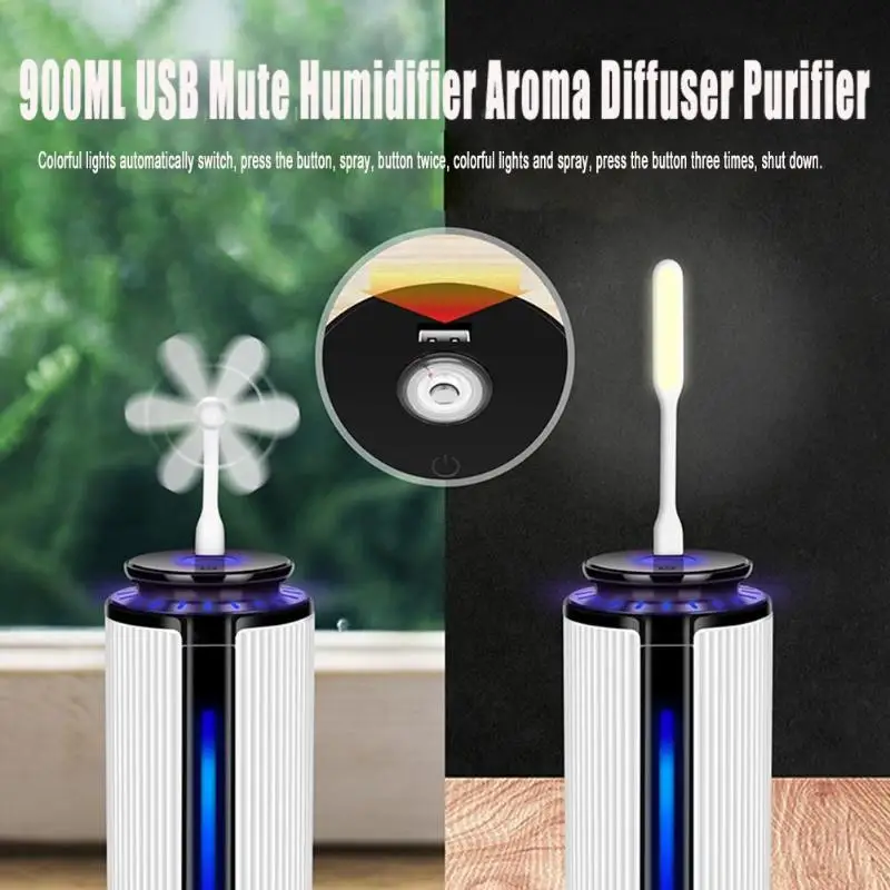 

900ML USB Ultrasonic Humidifier Mute Air Humidifier Aromatherpy Aroma Essential Oil Diffuser Anti-dry Air Purifier Humidificador