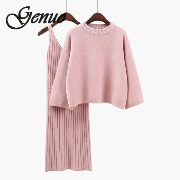 

2019 Autumn Womans Sweater + Straped Dress Sets Solid Color Female Casual Two-Pieces Suits Loose Sweater Knit Mini Dress Winter