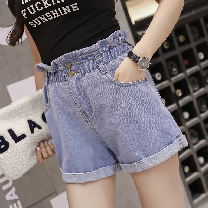 

2019 New Denim High Waist Lotus Leaf Design Women Shorts Light Dark Blue 6613