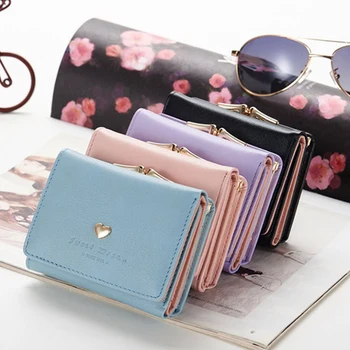 

Women Short Metal Frame Portable Tri-fold Love Heart Wallet PU Leather Snap Closure Mini Gift Card Holder Small Lock