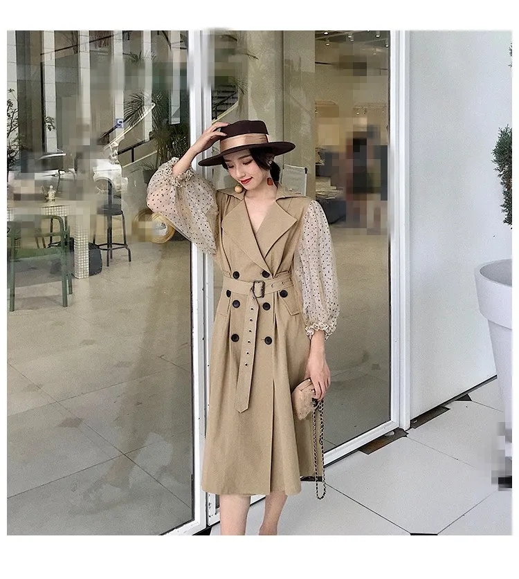Fashion Dot Mesh Puff Patchwork Windbreaker Female's Double Breasted Long Type Coat Long Sleeve Trench Coat