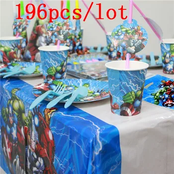 

196pcs Avengers Theme Kids Birthday Paper Cup Plate Flag Halloween Candy Bag Blowout Invitation Card Disposable Party Supplies
