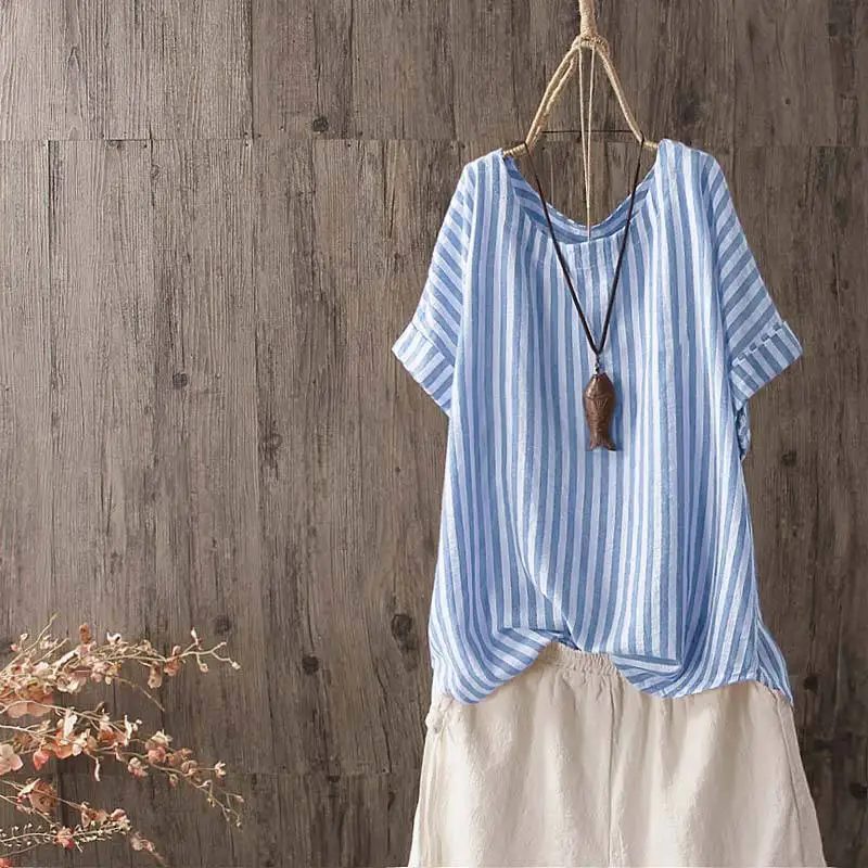 

2019 ZANZEA Women Summer Striped Shirt Casual O Neck Short Sleeve Blouse Ladies Vintage Work OL Blusas Chemise Loose Top Tunic