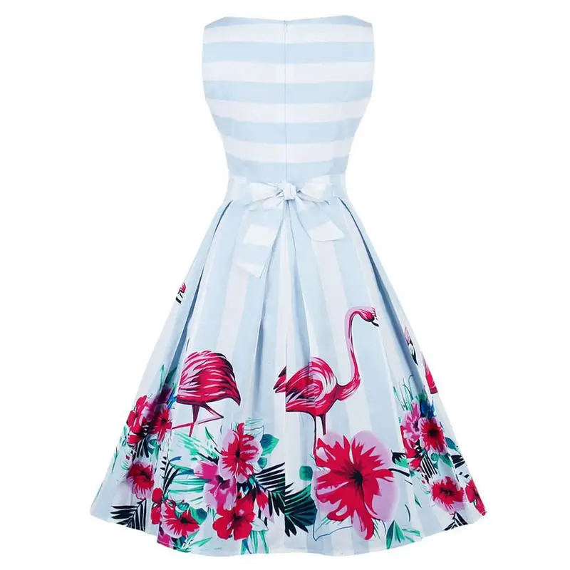 

Retro Stripe Summer Dress Flamingo Print Sleeveless Waist Slimming Large Hem Dresses Women Fashion Vintage Elegant Dress Clothes