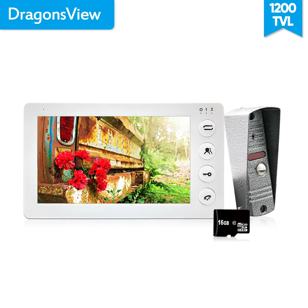 Dragonsview белый видеодомофон Комплект 7 дюймов монитор домофона Видео дверной телефон домофон 1200TVL запись 16 Гб SD карта обсуждение - изображение