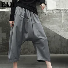 [EAM] Высокое качество, весна, одноцветные штаны с карманами длиной до щиколотки, модные новые женские брюки LA921