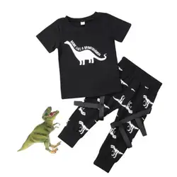 Лето Малыш для маленьких мальчиков топы с короткими рукавами футболка с рисунком из мультфильма брюки с динозаврами наряд крошечные одежды