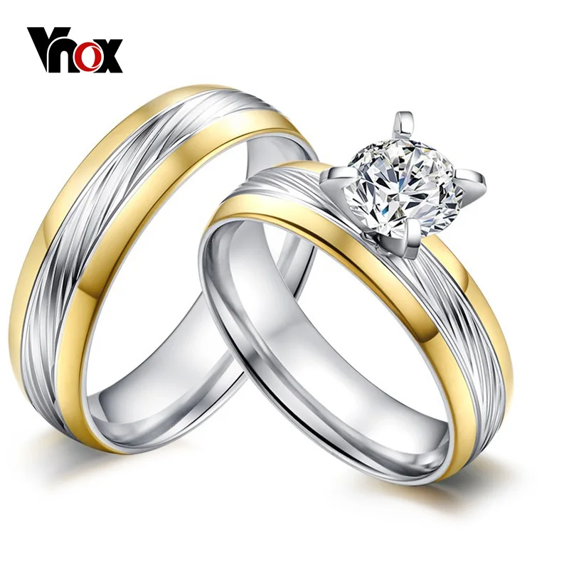 

Vnox Big CZ Engagement Ring for Women / Men Stainless Steel Wedding Bands 2pcs/lots