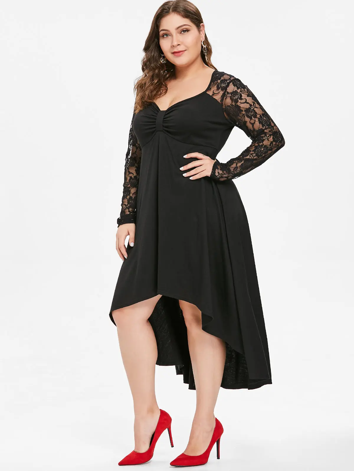 Rosegal Plus Size Lace Sleeve Knot Neck High Low Hem Dress Women ...