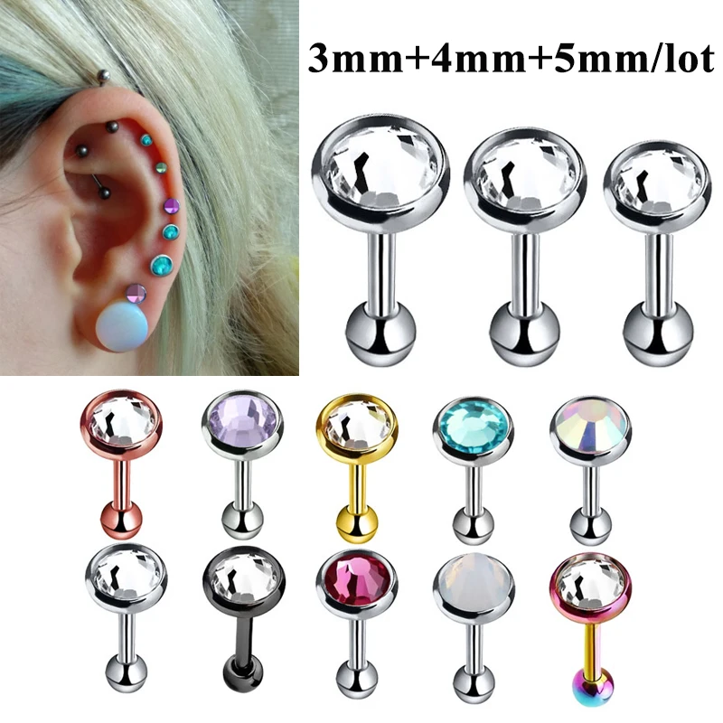 3Pcs/lot Surgical Steel Crystal Cartilage Helix Barbell Bar 16G Ear Studs Piercing Earring